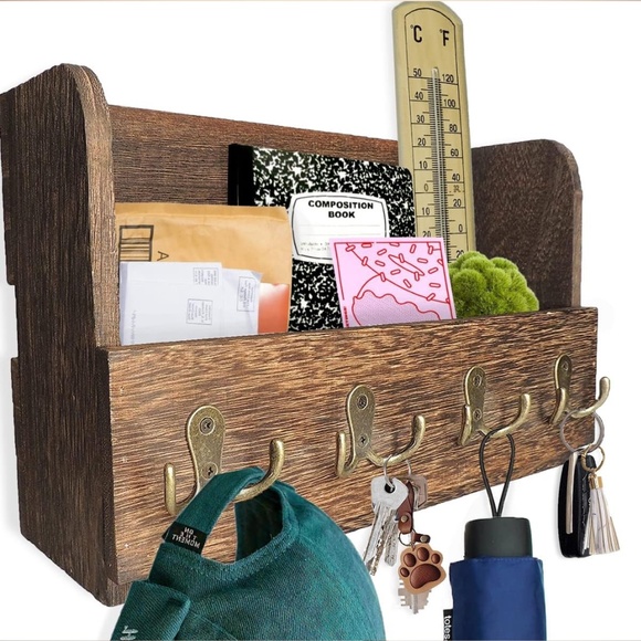 NEW Wooden rustic shelf with hooks - Picture 1 of 6